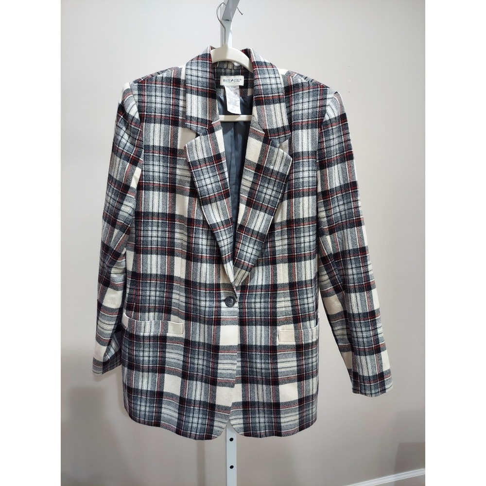 White Stag Plaid Wool Blend Blazer Jacket 12 Academia Office Holiday Heritage